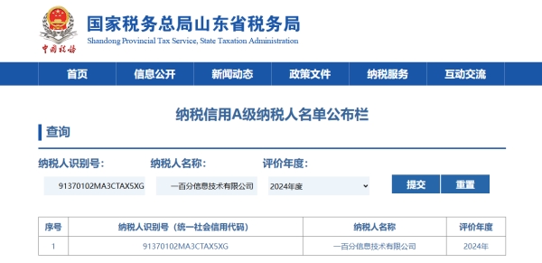 一百分信息技术有限公司获评“2024年度企业纳税信用等级A级”